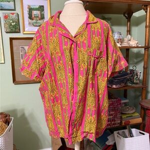Vibrant Pink and Yellow Striped Button-Up Shirt